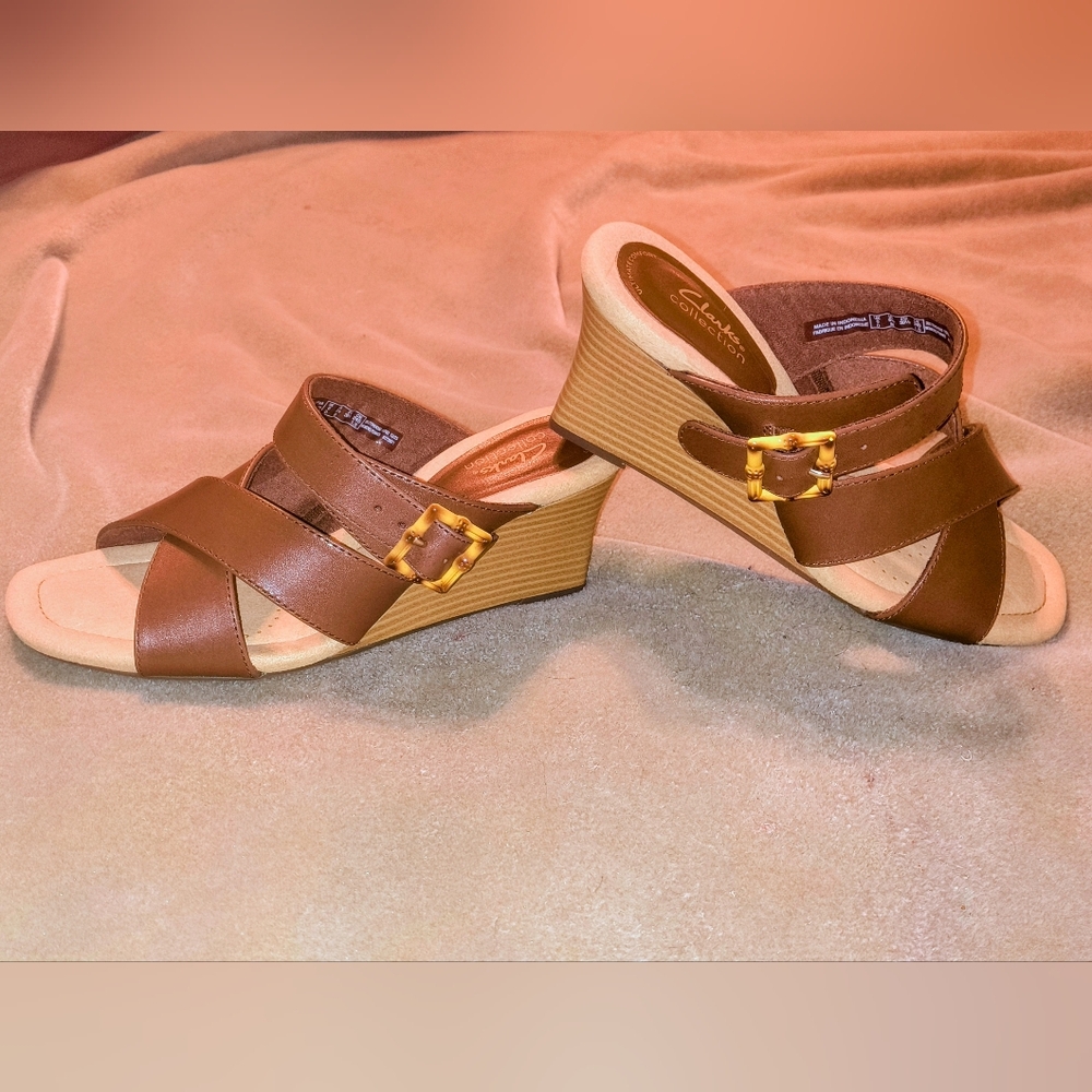 NWOB Clarks Kyarra Judi Tan Leather Wedges size 81/2 M